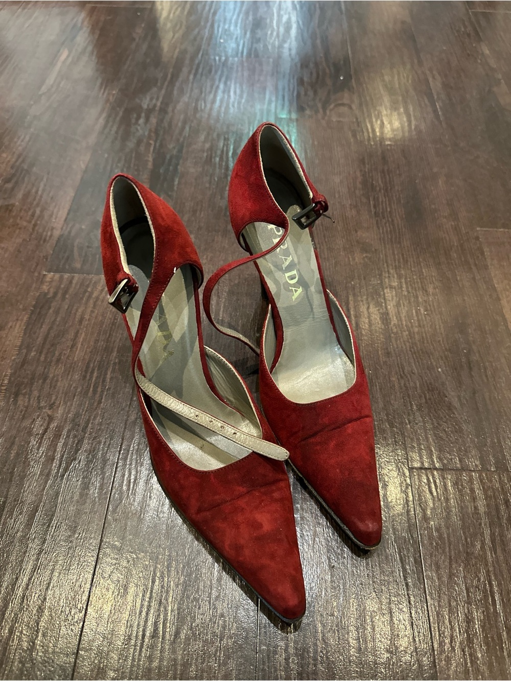 Prada Red Suede Pointed-Toe Ankle-Strap Heels